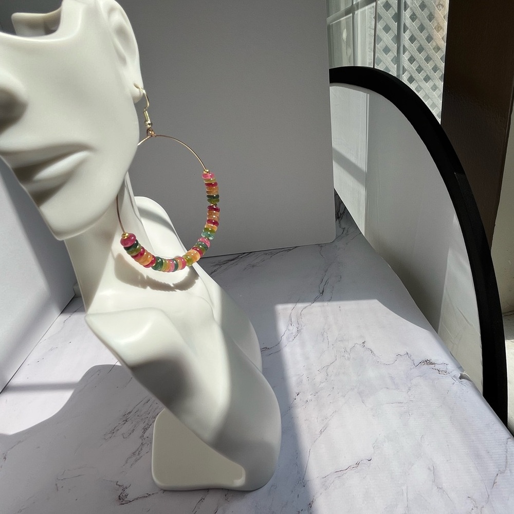 Handmade Watermelon Tourmaline Gemstone Beaded Hoop Earrings Boho - Picture 6 of 6